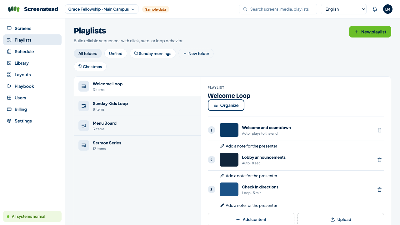 Screenstead playlist editor showing reusable playlists and timed content