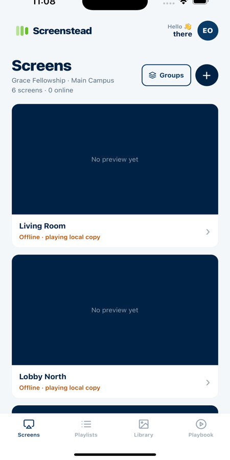 Screenstead mobile screen list showing offline safe playback